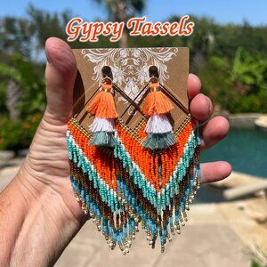 Handmade Beaded Long Tassel Fringe Dangle Drop Bohemian Post Diamond Earrings
